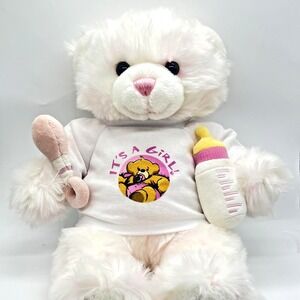 Vintage Build-A-Bear Plush It's A Girl Shirt White And Pink Fur Bottle & Rattle